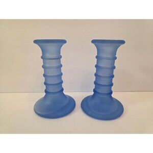 Frosted Blue Glass Ribbed Candlestick Holders Set Of 2